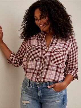 Torrid Lizzie Rayon Plaid Button-Up Shirt Womens Size 4 (20/22) Red Pink